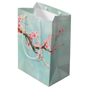 Aqua Pink Cherry Blossom Floral  Medium Cadeauzakje