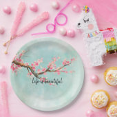 Aqua Pink Cherry Blossom Floral      Papieren Bordje (Feest)