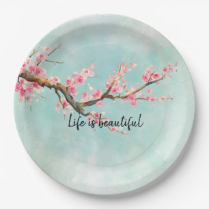 Aqua Pink Cherry Blossom Floral      Papieren Bordje