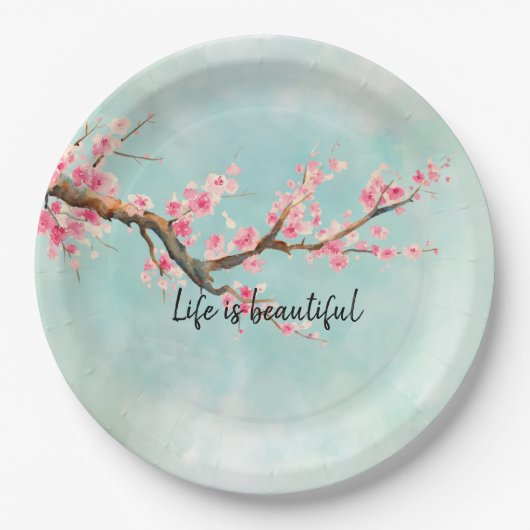 Aqua Pink Cherry Blossom Floral      Papieren Bordje (Voorkant)