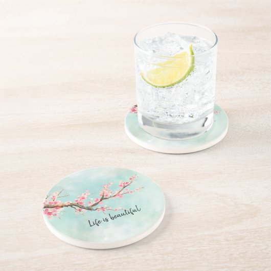 Aqua Pink Cherry Blossom Floral Zandsteen Onderzetter (Zijkant)