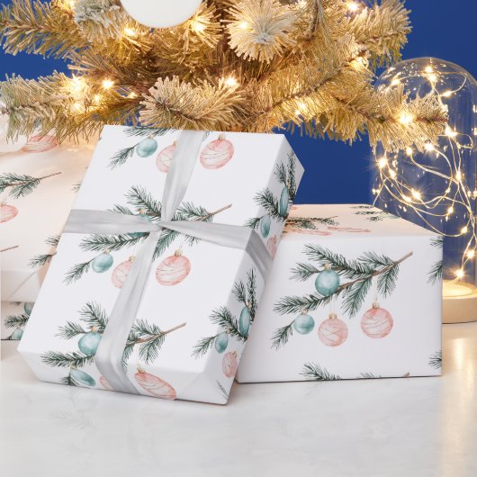 Aqua Pink Christmas Tree Branch Ornamenten Cadeaupapier (Feestdagen)