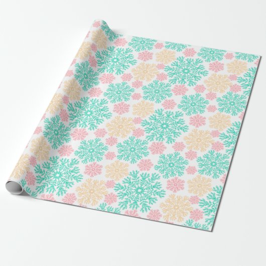 Aqua Pink en Gold Snowflakes Patroon Cadeaupapier (Uitgerold)