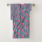 AQUA PINK FLAMINGO ZEBRA PRINT BATHROOM TOWEL SET BAD HANDDOEK (Insitu)