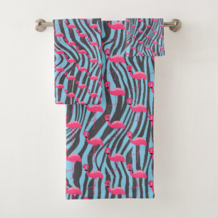 AQUA PINK FLAMINGO ZEBRA PRINT BATHROOM TOWEL SET BAD HANDDOEK