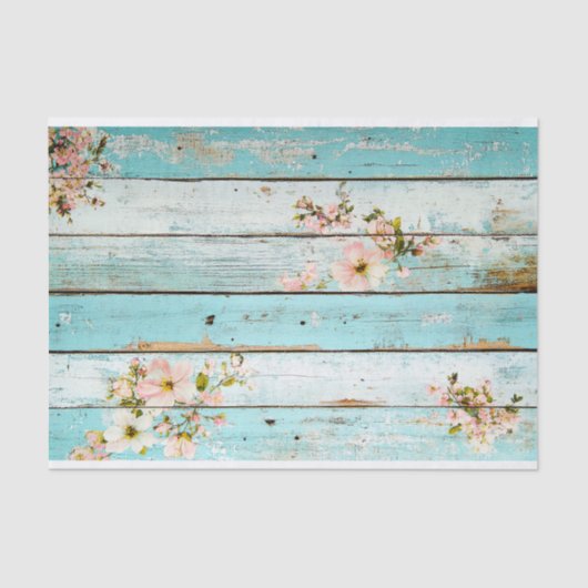 Aqua Pink Flower Wood Plank Decoupage Papier (Voorkant)