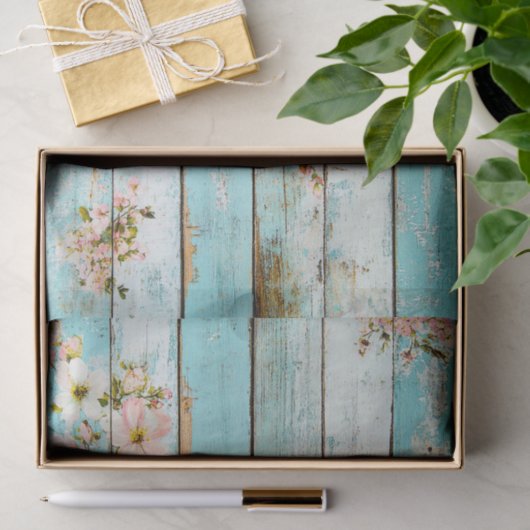 Aqua Pink Flower Wood Plank Decoupage Papier (Geschenk)