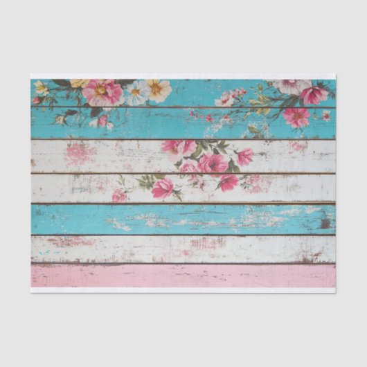 Aqua Pink Flower Wood Plank Decoupage Papier (Voorkant)