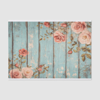 Aqua Pink Flower Wood Plank Decoupage Papier