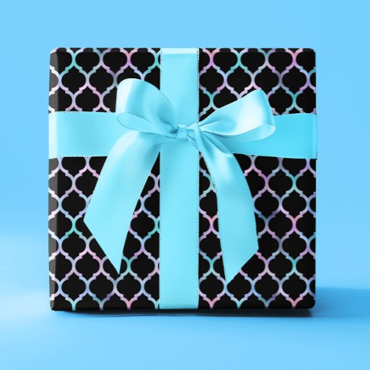 Aqua Pink Iridescent Folie en Black Quatrefoil Cadeaupapier