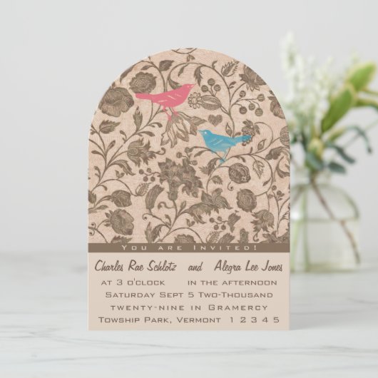  Aqua Pink Love Bird Wedtern Kaart (Staand voorkant)