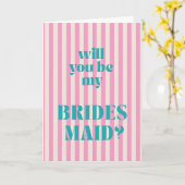 Aqua + Pink Modern Stripe Bridesmaid Proposal Kaart (Gele Bloem)