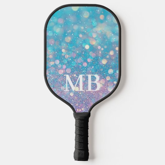 Aqua Pink Pastel Glitter Sparkle Glam Monogram Pickleball Paddle (Achterkant)
