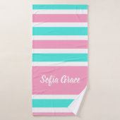 Aqua Pink Stripes Script Name Bath Towel Badhanddoek (Badhanddoek)