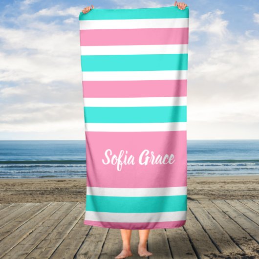 Aqua Pink Stripes Script Name Bath Towel Badhanddoek