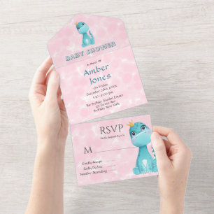 Aqua Princess Cute Dinosaur Pink Peony Baby shower All In One Uitnodiging