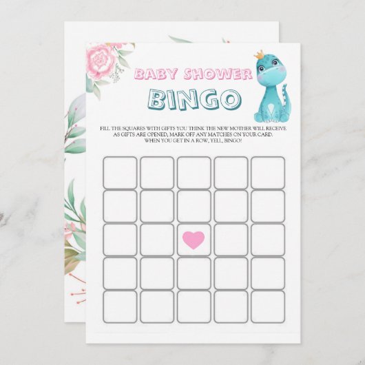 Aqua Princess Dinosaurs Baby shower Bingo (Voorkant / Achterkant)