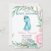 Aqua Princess Dinosaurs Peony Baby shower Invites Kaart (Voorkant)