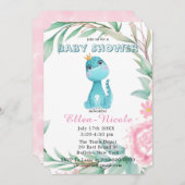 Aqua Princess Dinosaurs Peony Baby shower Invites Kaart (Voorkant / Achterkant)