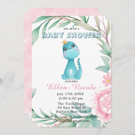 Aqua Princess Dinosaurs Peony Baby shower Invites Kaart (Voorkant / Achterkant)