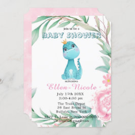 Aqua Princess Dinosaurs Peony Baby shower Invites Kaart