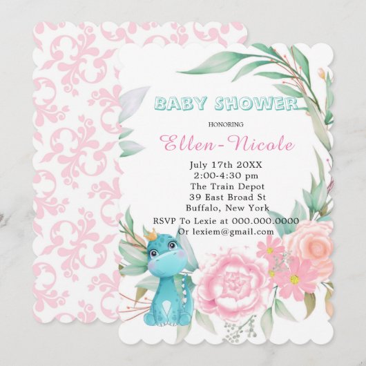 Aqua Princess Dinosaurs Peony Baby shower Invites Kaart (Voorkant / Achterkant)