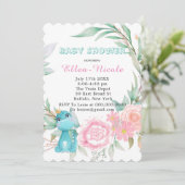 Aqua Princess Dinosaurs Peony Baby shower Invites Kaart (Staand voorkant)