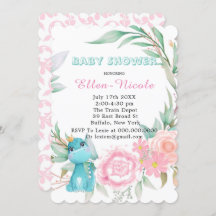 Aqua Princess Dinosaurs Peony Baby shower Invites