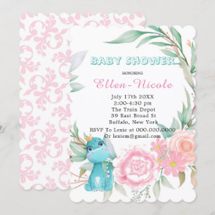 Aqua Princess Dinosaurs Peony Baby shower Invites Kaart