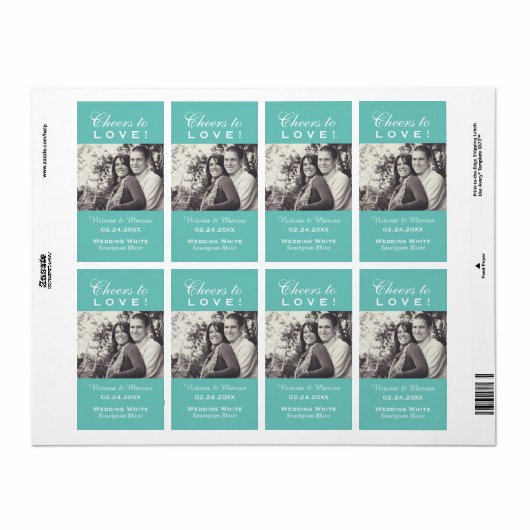 Aqua proost op liefde bruiloft foto wijn fles etiket (Full Sheet)