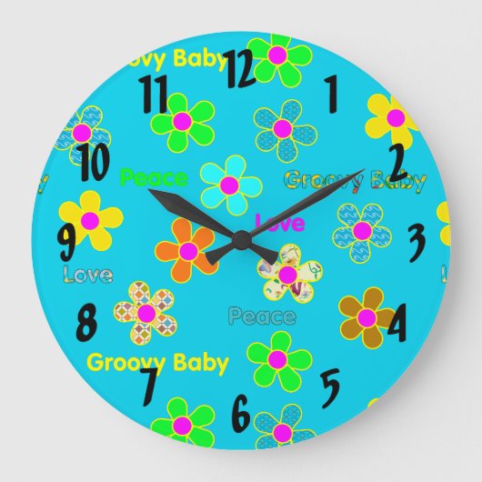 Aqua Psychedelic 60s Groovy Flowers Pattern Grote Klok (Voorkant)