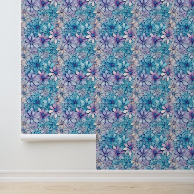 Aqua Purple Flowers Behang (Applicatie)
