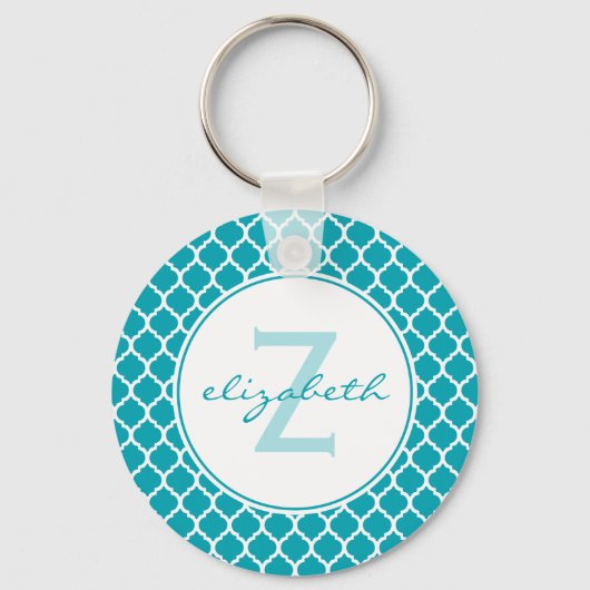 Aqua Quatrefoil Monogram Sleutelhanger (Voorkant)