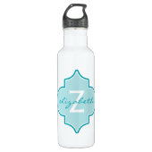 Aqua Quatrefoil Monogram Waterfles (Voorkant)