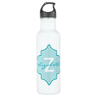 Aqua Quatrefoil Monogram Waterfles