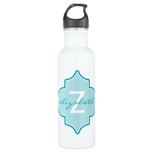 Aqua Quatrefoil Monogram Waterfles (Voorkant)