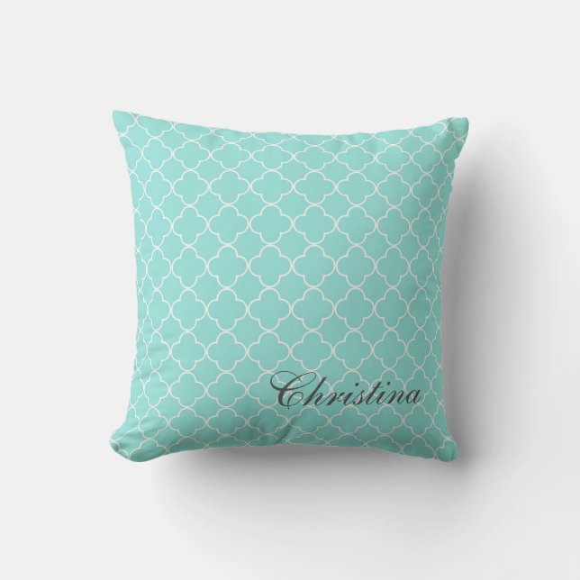 Aqua Quatrefoil Pattern Monogram Pillow Kussen (Voorkant)