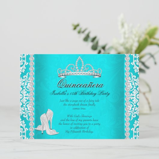 Aqua Quinceanera 15e verjaardag op hoge hoogte Tia Kaart (Staand voorkant)