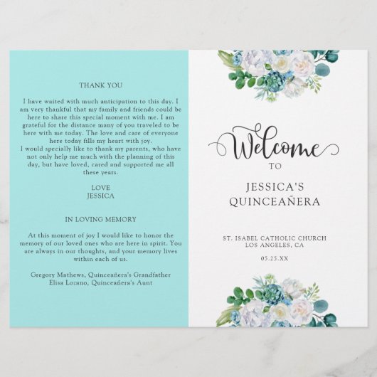 Aqua Quinceanera, Aqua en White Floral (Voorkant)