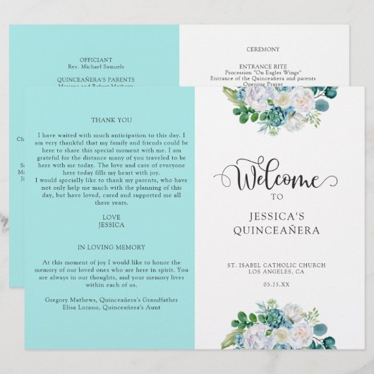 Aqua Quinceanera, Aqua en White Floral (Voorkant / Achterkant)