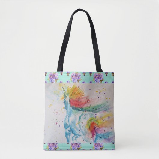 Aqua Rainbow Unicorn Waterverf Grocery Canvas tas (Voorkant)