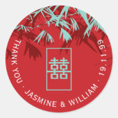 Aqua & Red Bamboo Leaves Shuang Xi Chinese Weddens Ronde Sticker (Voorkant)