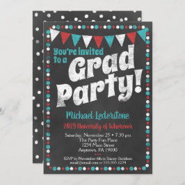Aqua Red Chalkboard Graduation Party Invitation Kaart