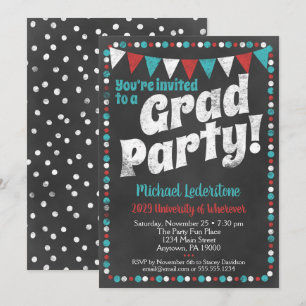 Aqua Red Chalkboard Graduation Party Invitation Kaart