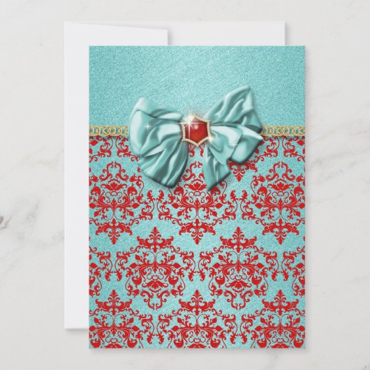 Aqua red damask formal verloving kaart (Voorkant)