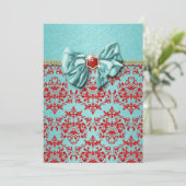 Aqua red damask formal verloving kaart (Staand voorkant)