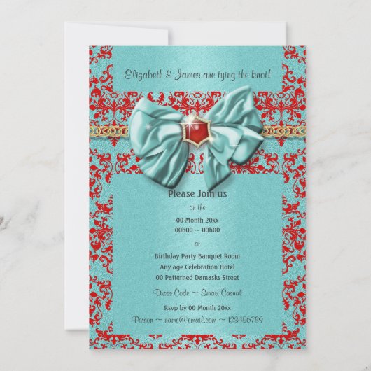 Aqua red damask formal verloving kaart (Achterkant)