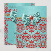 Aqua red damask formal verloving kaart (Voorkant / Achterkant)