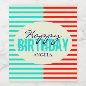 Aqua & Red Gelukkige Verjaardag Wijn Etiket (Enkel label)