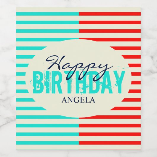 Aqua & Red Gelukkige Verjaardag Wijn Etiket (Enkel label)